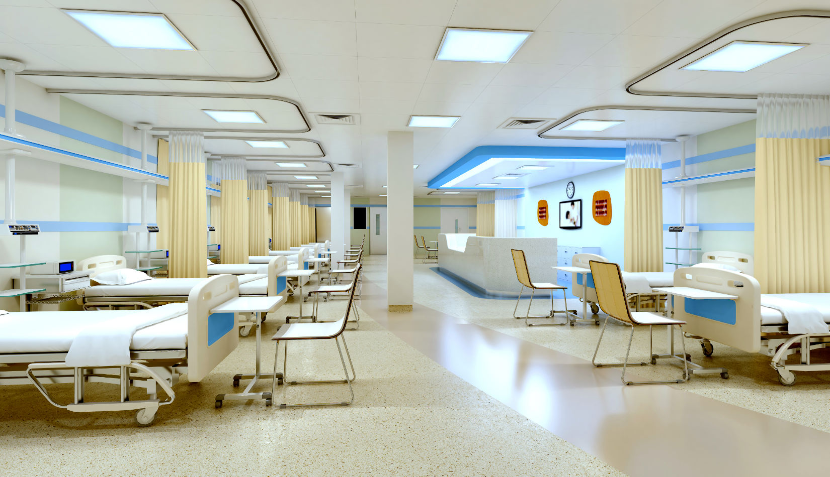 Modern hospital ward with rows of patient beds