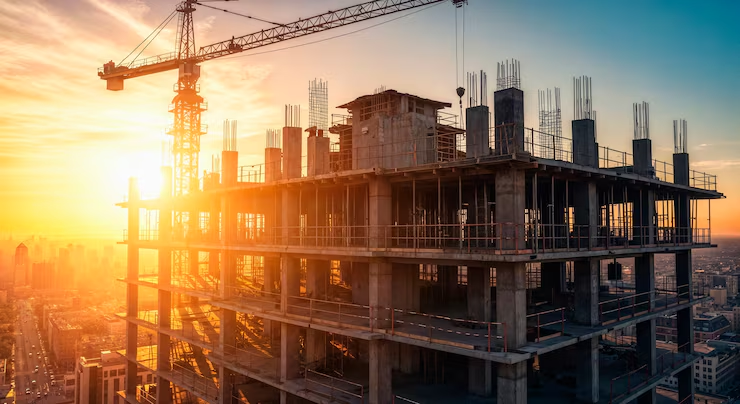 High-rise construction site at sunset